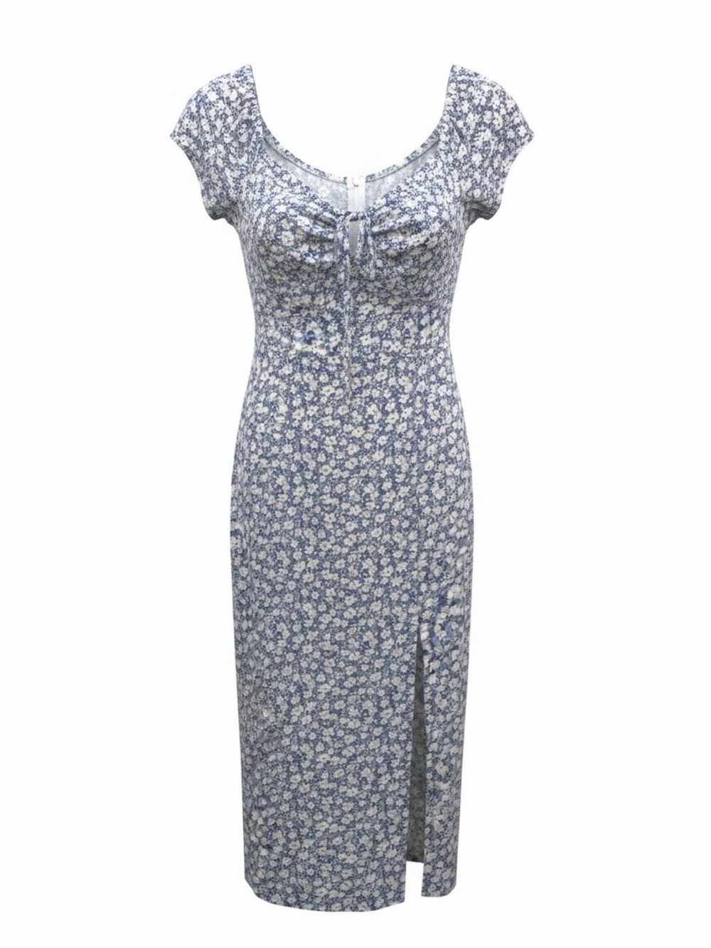 SHEIN Blue Floral Midi Dress with Front Tie and Cap Sleeves
